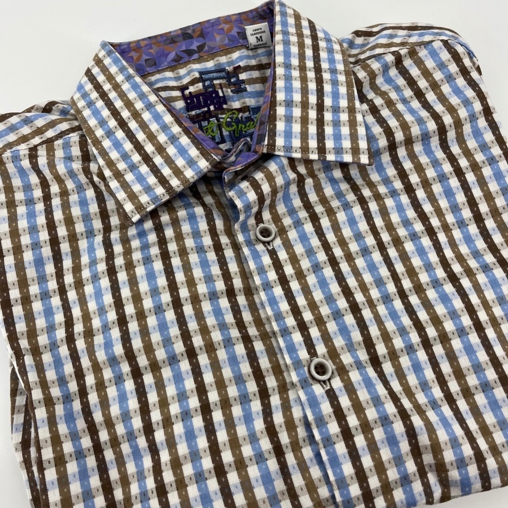 Robert Graham Shirt Mens Size Medium Linen Classic‎ Fit  Flip Cuff Purple Plaid
